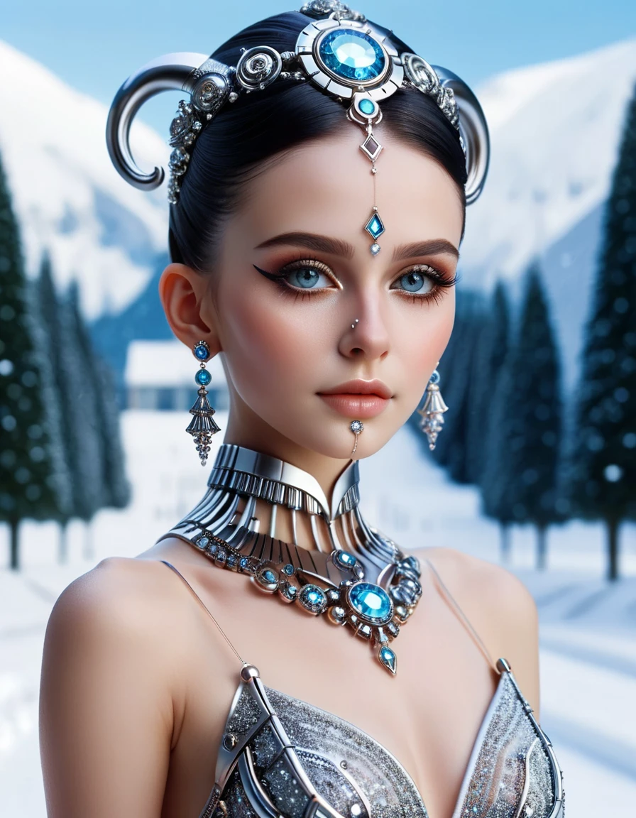 wearing Formal gown, Drop-dead gorgeous slim ral-rbtcprtz of Awakening, Futuristic Nose Ring, Snowy, Panorama, Fae, 50mm, Polychromatic, cinematic, beautiful, <lora:ral-rbtcprtz:1>, perfect symmetry, fertile, polished, beautiful composition, cute, luxurious, detailed, quality