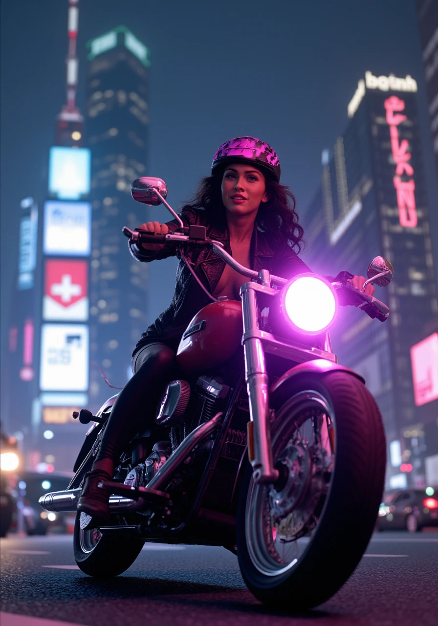 A high-quality digital artwork of Megan Fox riding a motorcycle (Harley-Davidson) in a futuristic city at night, emitting neon lights, with a glowing helmet, leather jacket, tattoos visible, surrounded by digital billboards, skyscrapers, and flying cars, dynamic pose, action-packed scene, cyberpunk style, realistic, dramatic lighting, high detail, cinematic, digital painting, 4k resolution, [featured on artstation], captivating composition.