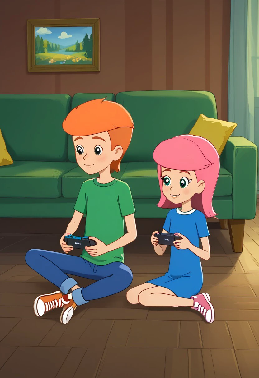 skinny, shorty, undersized, full body,  couple of characters, prostokvashino, slender  boy with short orange hair, petite undersized shorty girl with pink hair, fyodor and pink olya, boy in blue pants and green shirt, and girl in blue slip sundress, sneakers, flat chested shorter girl, at living room  background, close view, couple sitting on floor near green sofa against tv, couple playing in game console, holding gamepad in hands, happy