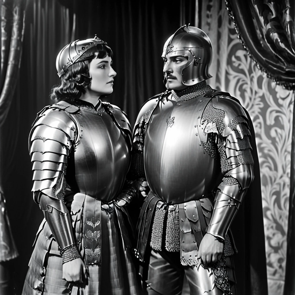 <lora:1900s_Drama_MovieSDXL:1> ArsMovieStill, movie still from a 1900s drama movie, The image shows a man and woman standing next to each other in front of a curtain. The man is wearing a suit of armor and the woman is wearing traditional dress. The image is in black and white giving it a timeless and classic feel., greyscale, monochrome, armor, 1girl, 1boy, looking at another, dress, chainmail, weapon, standing