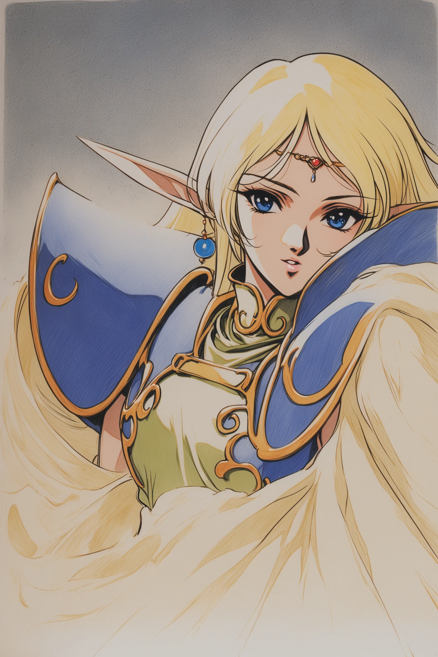 Deedlit,1girl,solo,pointy ears,long hair,blonde hair,gloves,elf,cape,blue cape,blue eyes,circlet,very long hair,shoulder armor,parted lips,looking at viewer,white background,retro artstyle,upper body,portrait,traditional media,
<lora:yuuki nobuteru_XL:0.8>,