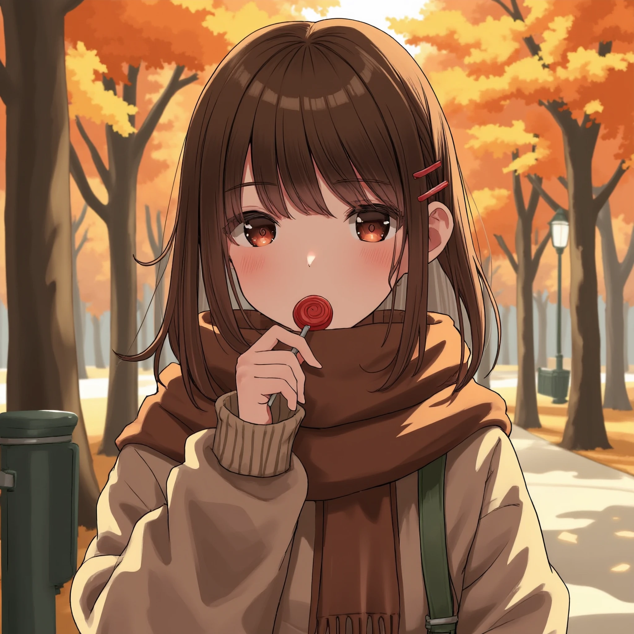 An anime-style shy girl holding a Tootsie Pop close to her lips, her cheeks slightly flushed as she glances away from the viewer. She wears a cozy sweater with a scarf, her hair tucked behind one ear with a hairpin. The setting is a peaceful park in early autumn, with leaves turning orange and a soft breeze ruffling her hair. The mood is calm and slightly romantic, with the Tootsie Pop adding a touch of sweetness to her shy demeanor.