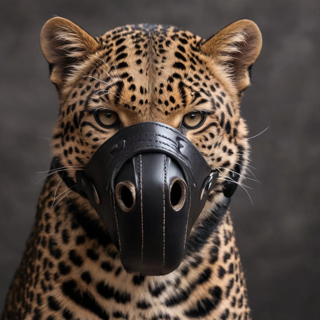 photo leopard wearing a black leather muzzle <lora:K9-muzzle:1>