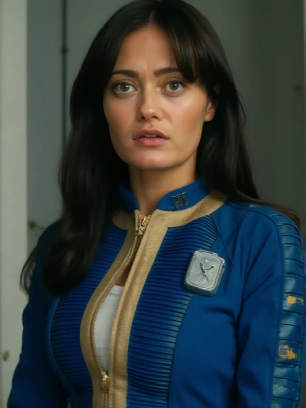 Lucy wears a blue jumpsuit with some yellow marks. She has dark long hair. closeup face portrait. Professional photography  <lora:Lucy:0.9>