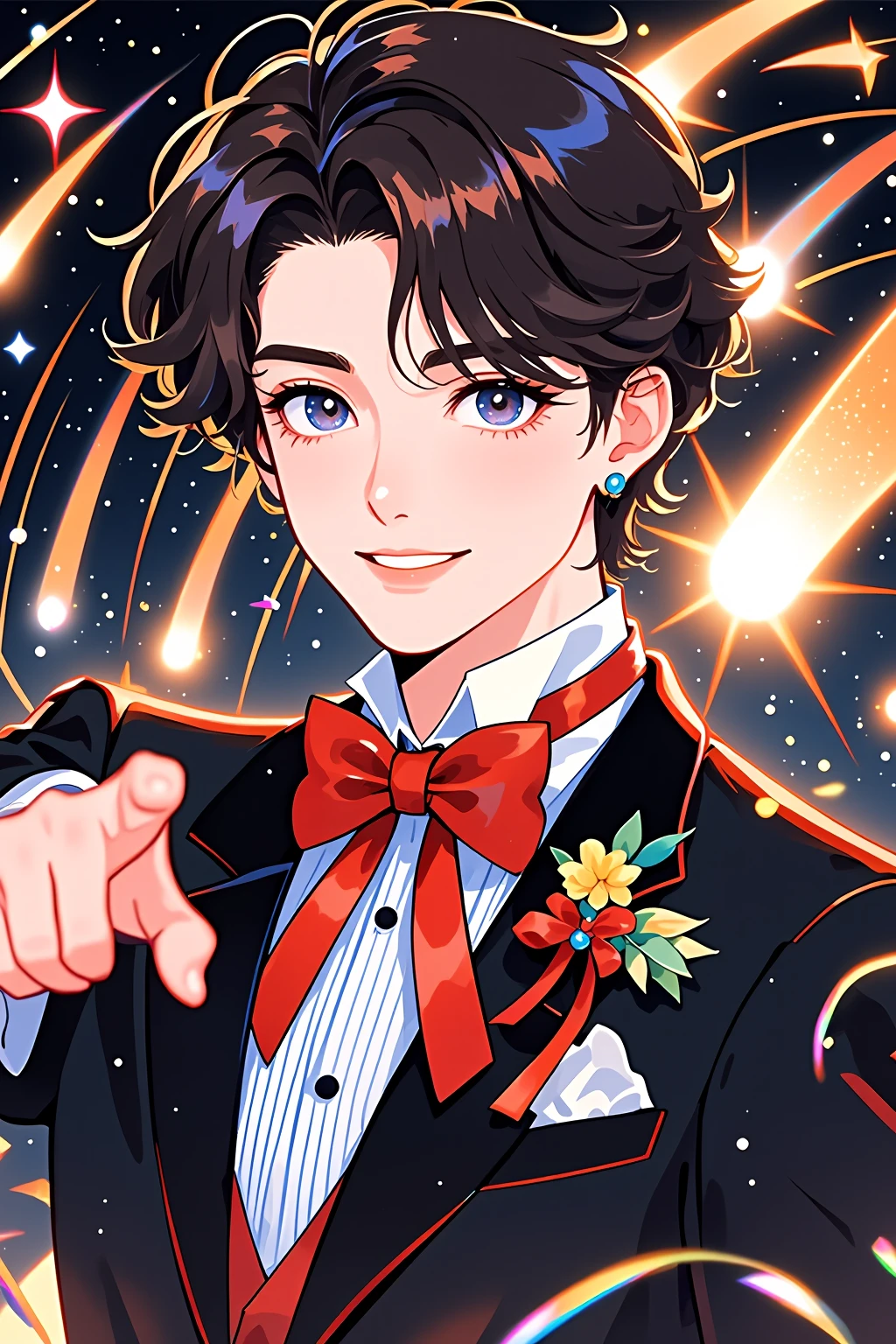 Cassiopeia,This is a vibrant, digitally created anime-style illustration featuring a young man with a confident, friendly expression. He has fair skin, striking blue eyes, and a well-groomed, short, dark brown hair that is styled in loose, tousled waves. He is dressed in a formal black tuxedo with a white dress shirt, a red bow tie, and a red boutonniere on his left lapel. His right hand is extended forward, pointing toward the viewer, adding a sense of engagement and dynamic energy to the image. The background is a stunning night sky filled with stars and streaks of light, resembling shooting stars, creating a sense of motion and excitement. The colors in the illustration are rich and vivid, with deep blacks, bright whites, and warm oranges and reds that accentuate the dramatic and dynamic atmosphere. The overall style is highly polished, with clean lines and a smooth finish typical of modern digital art. The man's expression, attire, and the dynamic background combine to create a sense of celebration or anticipation, possibly for a formal event or a special occasion.No deformed hands，Exquisite details