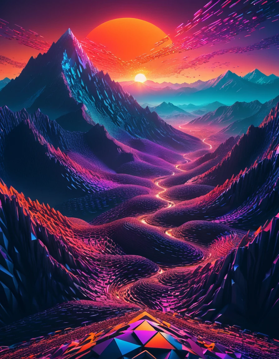 landscape of a (ral-chnz:1.1) , Otherworldly, crowded mountains, at Sunset, Sci-Fi, Geometric Style, <lora:ral-chnz:1>, modified, rich vivid colors, great light, deep aesthetic, dynamic cinematic color, enchanted, gorgeous, beautiful, confident, creative