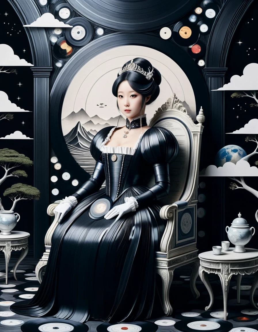 an artwork in dark Harajuku style with a Beautiful (ral-vynlrcrdz:1.2) . delicate lines, Satirical prints, idyllic landscapes, science fiction themes, grand and regal depictions of nobility and aristocracy, Chew series. <lora:ral-vynlrcrdz:1>, sunny, ambient atmosphere, theatrical, excellent composition, luxurious