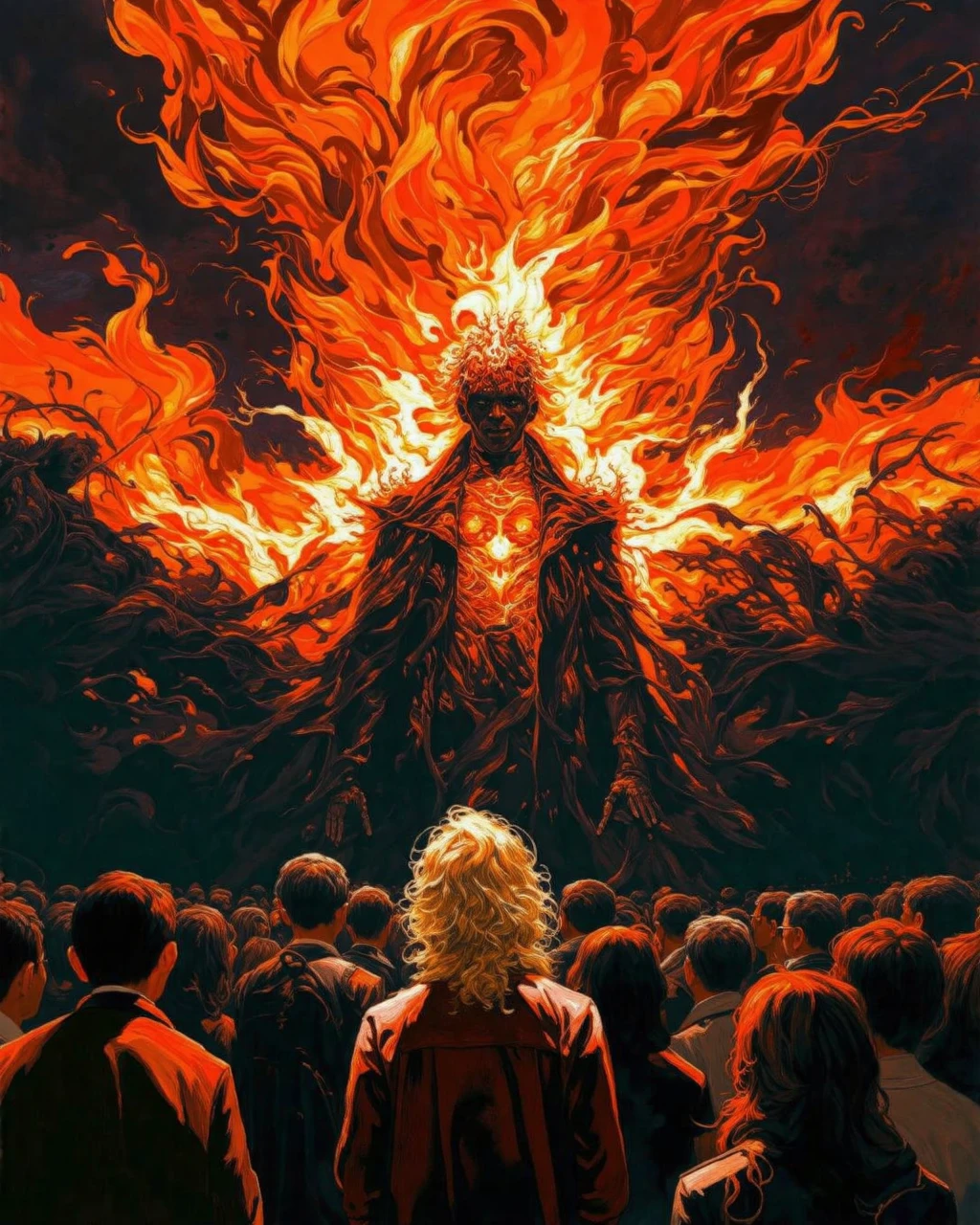 db4rz style, People standing, facing large fiery figure, orange and dark background, central person with blonde hair, crowd in foreground.
