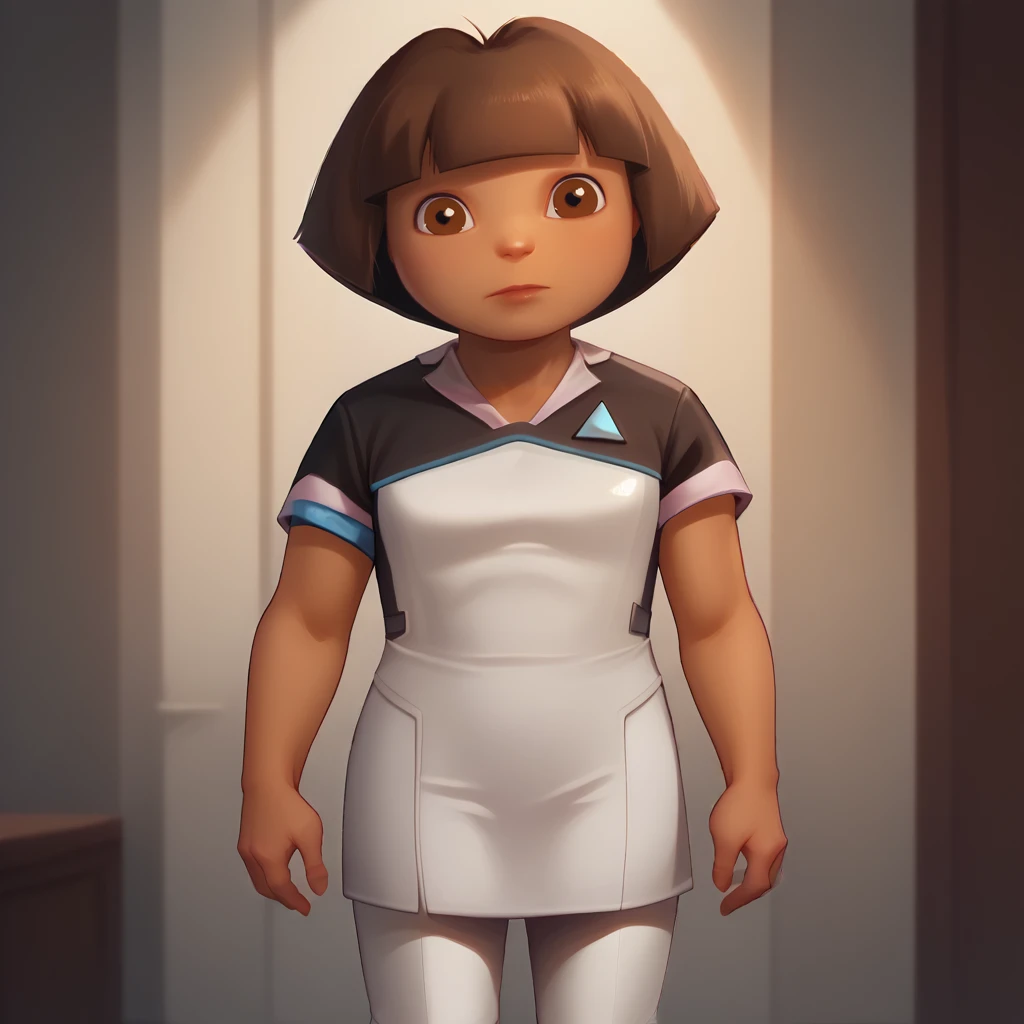 score_9_up, score_8_up, BREAK,  1girl, solo, Dora, short hair, brown  hair, brown eyes, tan, <lora:DoraTheExplorer_XL_Leaf3:1>, HousekeeperOutfit, dress, white pants,  <lora:HousekeeperAndroidOutfit_DBH__PXL_Leaf5:1>, cowboy shot,