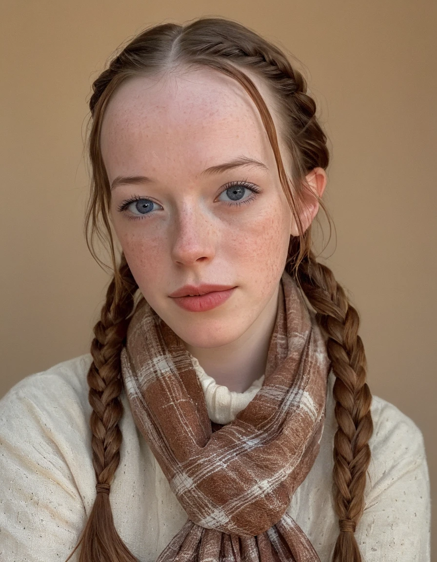 AMYB3THNEUTRAL,  1girl, solo, long hair, looking at viewer, blue eyes, simple background, brown hair, braid, parted lips, teeth, scarf, twin braids, lips, plaid, portrait, freckles, brown background, realistic
  <lora:AMYB3THNEUTRAL_02:1>