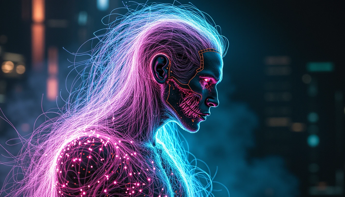 In a technologically advanced futuristic world there is a half-human half-necromonger being, the human part, however, is covered entirely instead of the hair by optical fiber that interfaces with various other parts of the body, he wears a biomechanical suit made up of luminescent fiber optic wires also with the various colors of neon.