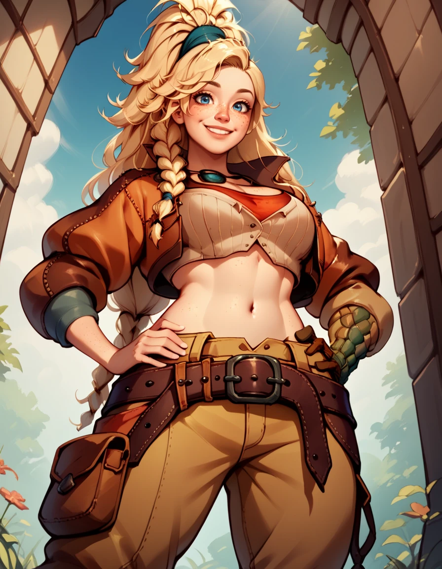 score_9, score_8_up, score_7_up,score_6_up, score_5_up, score_4_up , 1girl, solo,  
large breasts,
GemmaDG,
long hair, blonde hair, freckles, asymmetrical hair, blue eyes, 
cropped jacket, boots, belt, pants, crop top, open clothes, single glove,
from below, hands on hips, smile, 
 <lora:Gemma DG PXL v001-000003:0.90>