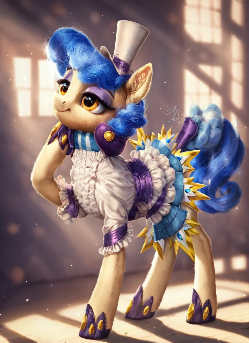 , score_9, score_8_up, score_7_up, score_6_up, score_5_up, score_4_up, rating_safe, <lora:Sapphire Shores:1>Sapphire Shores   ((cute, little, fuzzy pony, fur)), (high quality, detailed, beautiful), shiny, adorable face, detailed beautiful eyes, diadema, sunlight, realistic, outstanding, countershading, detailed soft lighting, ear fluff, hoof on face, cinematic vintage photography