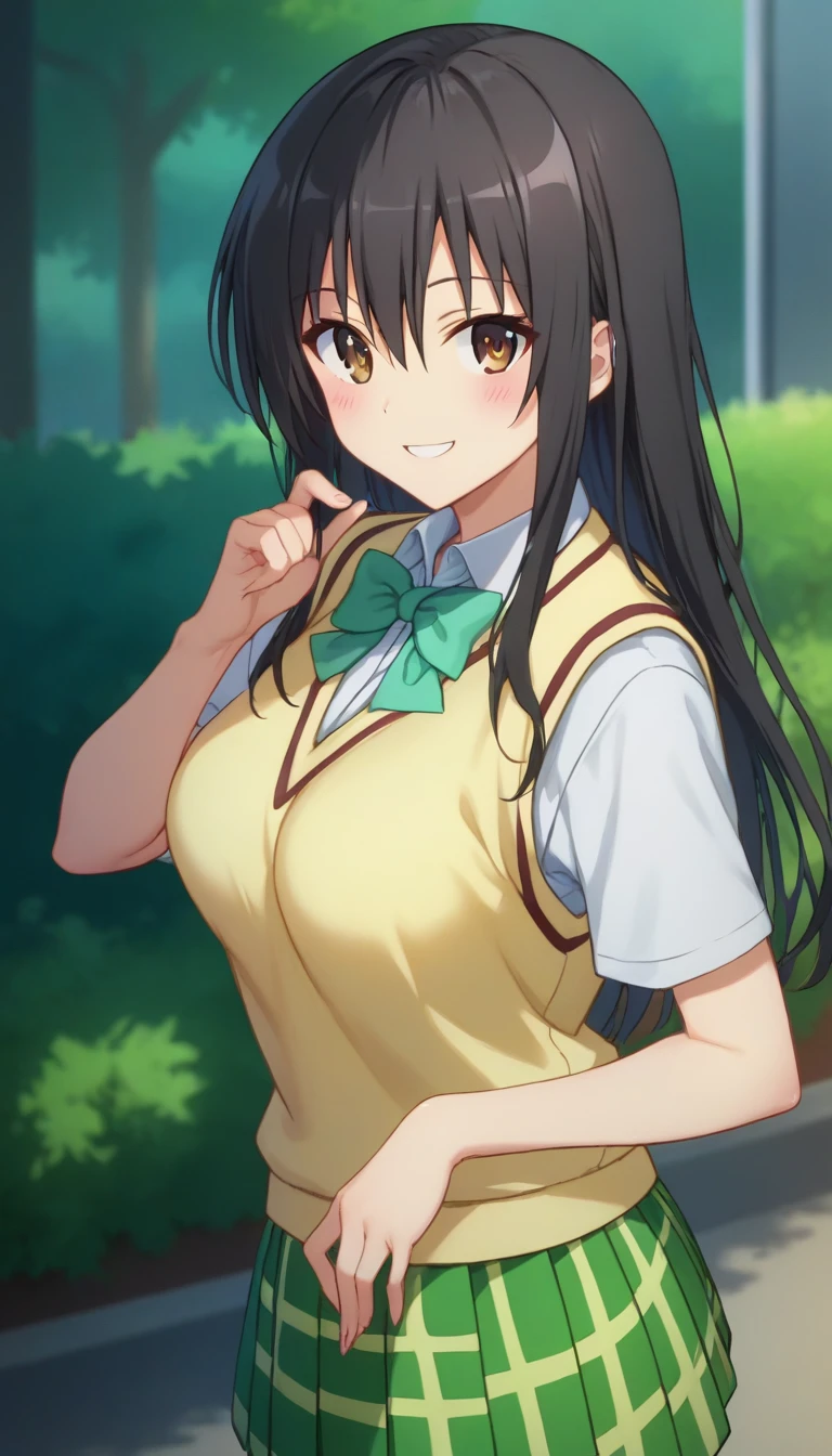 (masterpiece, best quality:1.2), 1girl, 独奏,standing_split,
Mikan Yuuki, brown eyes, brown hair, hair ornament,long hair,green plaid skirt, sainan high , , white shirt, yellow sweater vest,no panty
Desenhe Elie, the sword girl. She is between 16 and 21 years old and is from India. Elie is brunette and has long highlighted hair./pink stripe. She is known as the Daughter of Death, because he was born healthy in a city devastated by disease. Elie is in a training pose with his sword, who is the companion of your entire life. Her expression should be one of determination and focus, showing your skill and attachment to the sword. The surrounding scenery must be a city in ruins, with signs of devastation and disease, reflecting your home environment."