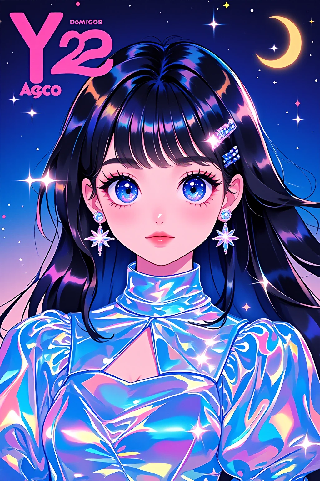 Cassiopeia, This is a vibrant, digital illustration featuring a young woman with a celestial theme. She has long, flowing black hair with a slight wave, adorned with a sparkling, star-shaped hair clip. Her skin is fair with a delicate blush on her cheeks, and her large, expressive blue eyes are accentuated with thick, dark eyelashes and subtle eye makeup. Her lips are full and painted a soft pink.She is dressed in a shimmering, metallic blue top with puffed sleeves, which reflects light in a dazzling array of colors, creating a holographic effect. The top has a high neckline and a V-shape, She accessorizes with a sparkling bracelet on her left wrist and a large, star-shaped earring that matches the hair clip.The background is a gradient of deep blue at the top, transitioning to a lighter blue at the bottom, with a crescent moon and numerous sparkling stars scattered throughout. The text "Y22" in bold pink letters is positioned at the top left, with the name "Agoroo" in smaller, light pink text below. The overall style is a modern, anime-inspired digital art with a fantasy and glamourous aesthetic.