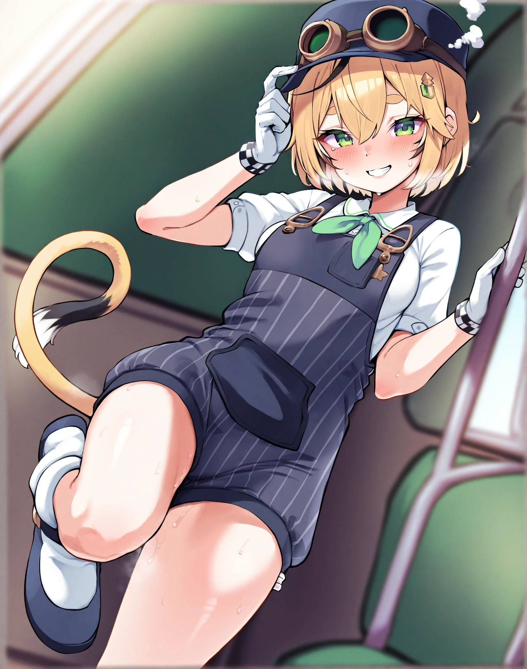 masterpiece, best quality, amazing quality, very aesthetic, absurdres, highres, newest, 8k, detailed,  <lora:doobyillustriousXL:1>, 1girl, dooby, short hair, tail, hat, goggles, green eyes, hair ornament, gloves, artist:ayagi daifuku, overalls, smile, looking at viewer,