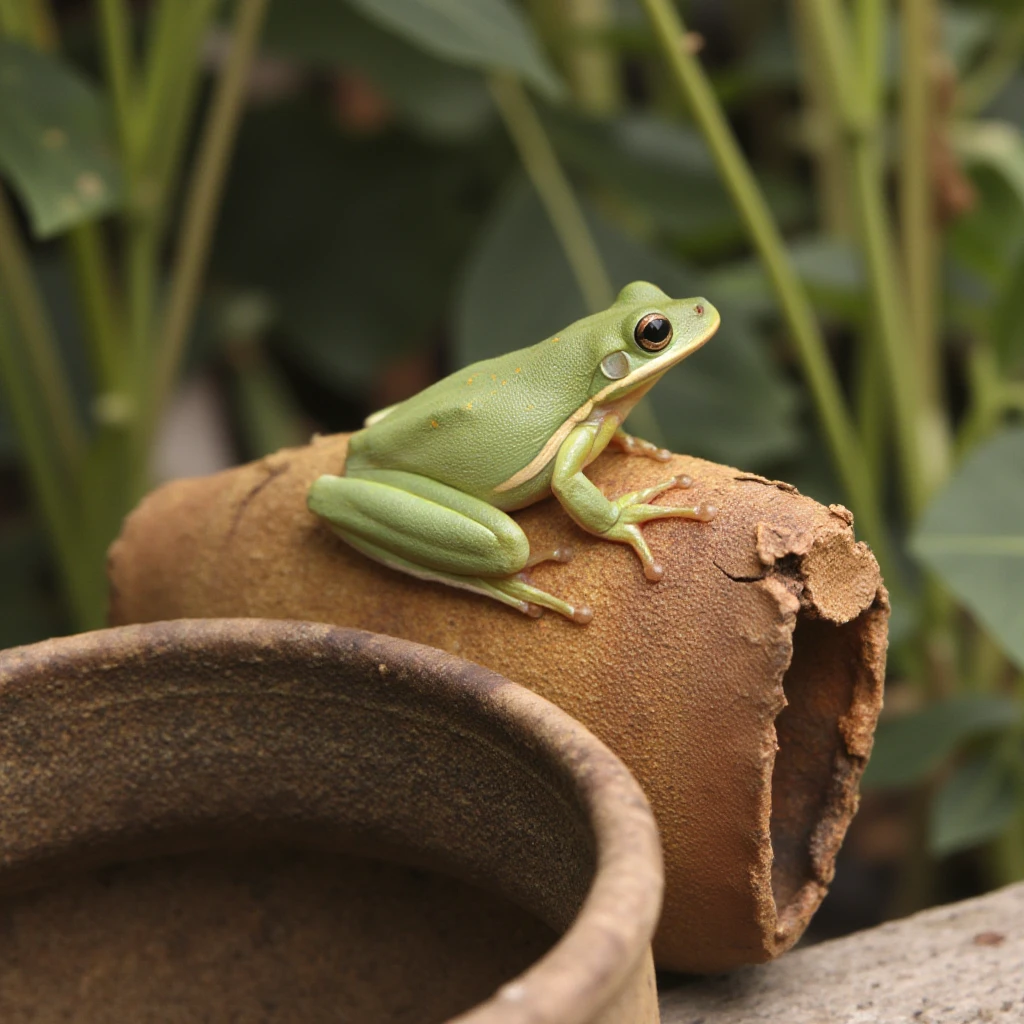 A close-up photograph of KGR_HYLA_CINEREA_FLUX-a green treefrog-perched on the edge of a cracked terracotta pot in an overgrown urban garden.
<lora:kgr-hyla-cinerea-flux-000001200:1>
<lora:FLUX.1-Turbo-Alpha:1>