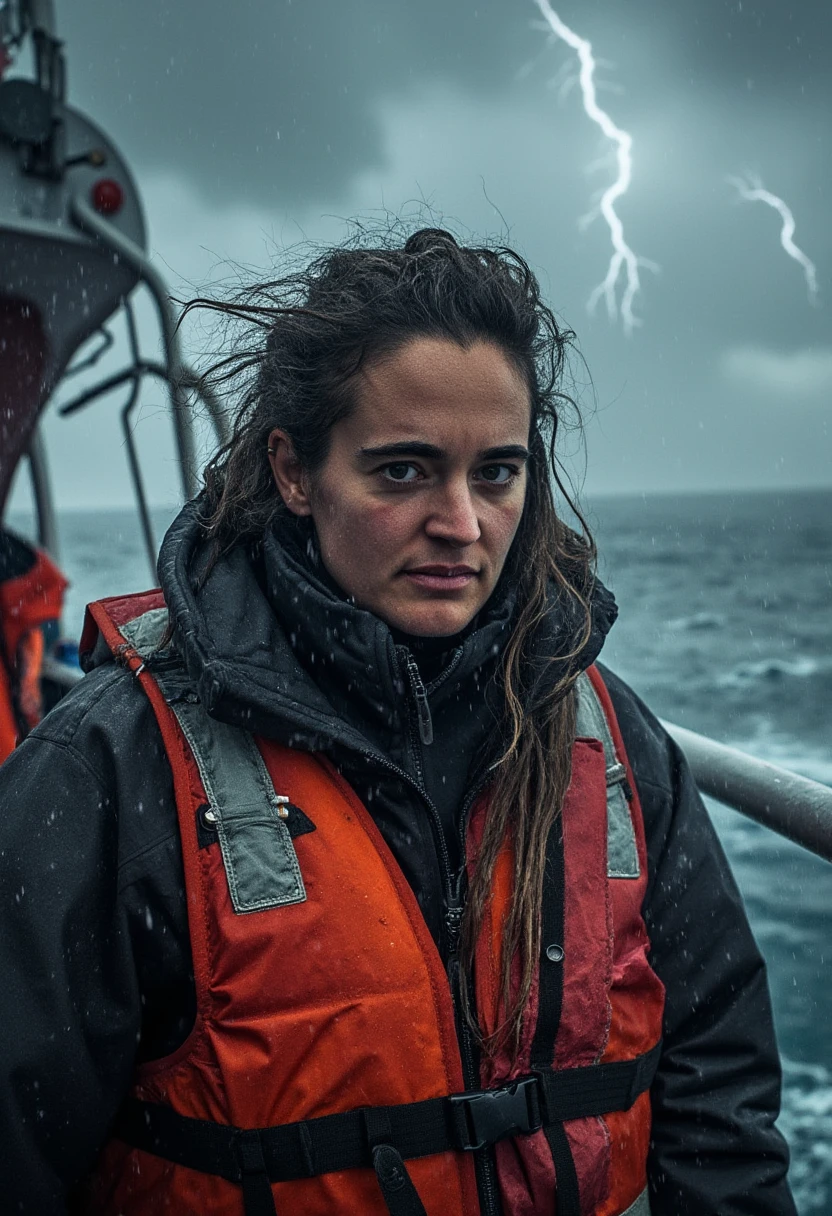 Carola Rackete standing firmly on the open deck of a rescue vessel, silhouetted against a violent thunderstorm raging over the Mediterranean Sea. The sky is thick with churning, dark clouds, and sheets of rain pour down relentlessly, drenching everything in sight. Carola's face is resolute and determined, partially hidden behind strands of her soaked hair that cling to her forehead and cheeks. Her jacket, though meant to protect, is visibly heavy and drenched, with water streaming off the edges of her high-visibility orange life vest. Her gaze is intense, focused far ahead, her eyes narrowed against the stinging rain and wind. Waves rise and crash against the side of the ship, splashing up in forceful sprays that mix with the relentless downpour. Lightning arcs across the sky, briefly illuminating her strong, weathered expression and the lines of worry and resolve etched on her face. She grips the railing with one hand, the metal slick and cold under her fingers, while the other rests tightly on the controls or a rope for stability. The wind howls around her, and every detail of her soaked figure reflects the raw struggle against nature's testament to her unyielding commitment to push forward despite the storm's wrath.