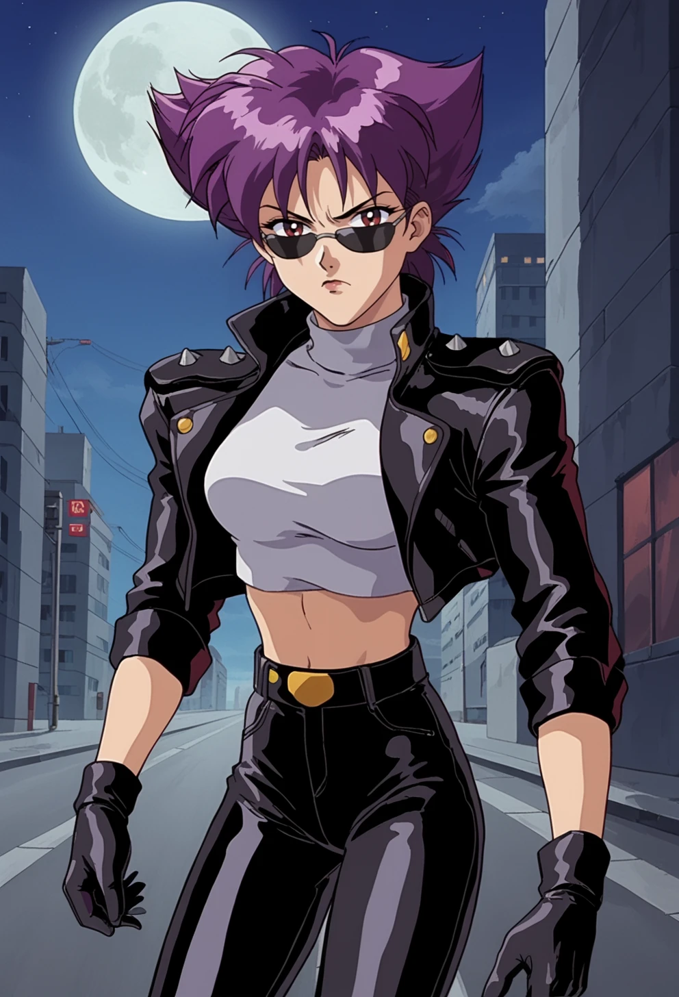 score_9, score_8_up, score_7_up, anime screencap, 2D, anime, retro, 1990, 90s, BREAK,  <lora:KonokoPony:1.0>, konoko, 1girl, black gloves, black leather jacket, black pants, white shirt, cable, closed mouth, crop top, cropped jacket, cropped sweater, flipped hair, frown, city background, lips, midriff, standing, open jacket, purple hair, retro artstyle, short hair, sleeves rolled up, solo, spiked hair, turtleneck, upper body, v-shaped eyebrows, covered eyes, black sunglasses, matrix style, indoor, grin, full_body, running, night, moon, industrial, machines,