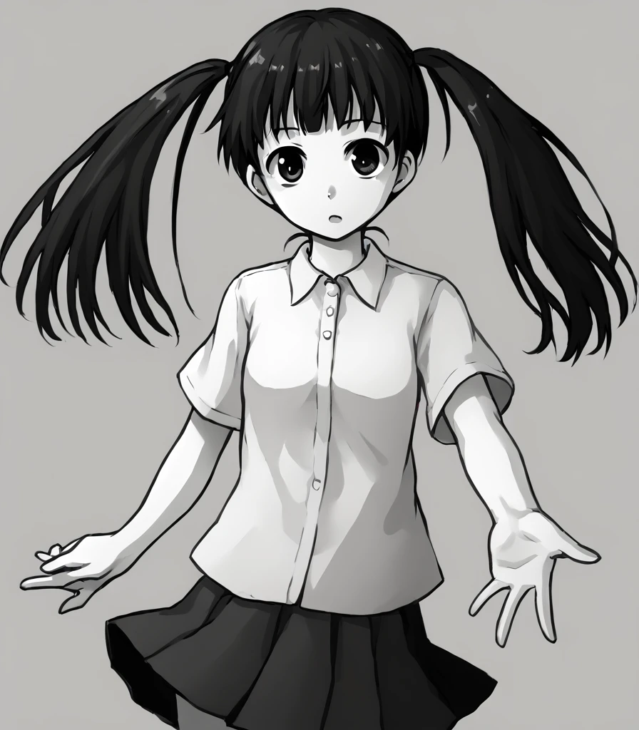 <lora:Monoko:1> m0n0k0, 1girl, solo, twintails, skirt, monochrome, shirt, black hair, long hair
 <lora:Beckoning_XLPD:1> beckoning, reaching towards viewer