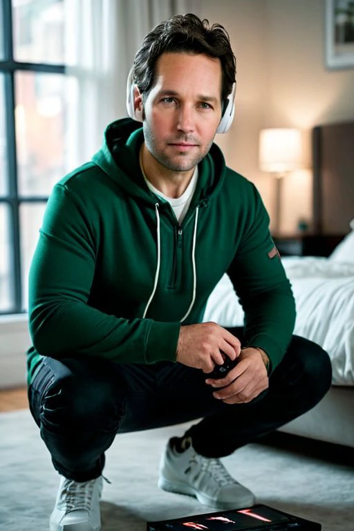 breathtaking cinematic photo masterpiece,highest quality,perfect quality, Paul Rudd a man <lora:Paul-Rudd:1>, wearing a green hoddie,squatting on ground,(wearing a wireless white headphones:1.5),holding gampad,in the bedroom,looking at the camera,cozy scene,35mm photograph,film,bokeh,professional,4k,highly detailed . award-winning,professional,highly detailed,. 35mm photograph,film,bokeh,professional,4k,highly detailed . award-winning,professional,highly detailed,