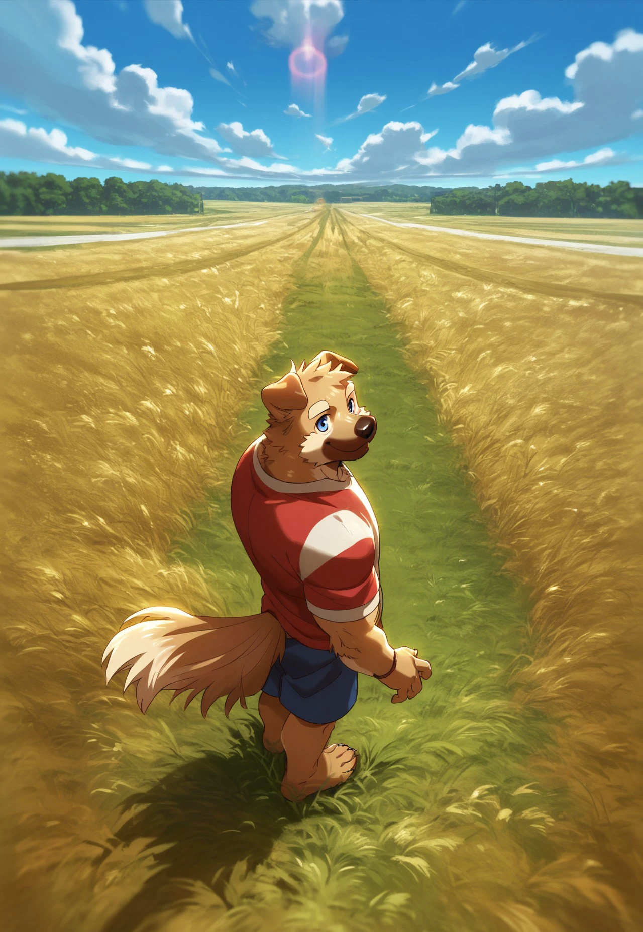 nviek, masterpiece, best quality, highly detailed, extreme detailed illustration, anime_coloring, score_9, score_6_up, score_8_up, score_7_up, masterpiece,1boy, furry male, solo focus, ((dog boy, dog tail, beige fur, blue eyes)), muscular, jersey, short pants, wind, breeze, looking back, wide brown field, grass, single tree, day, smile, cloud, tribal, depth of view, wide angle view, light ray, smile, professional shot, from above, view from above