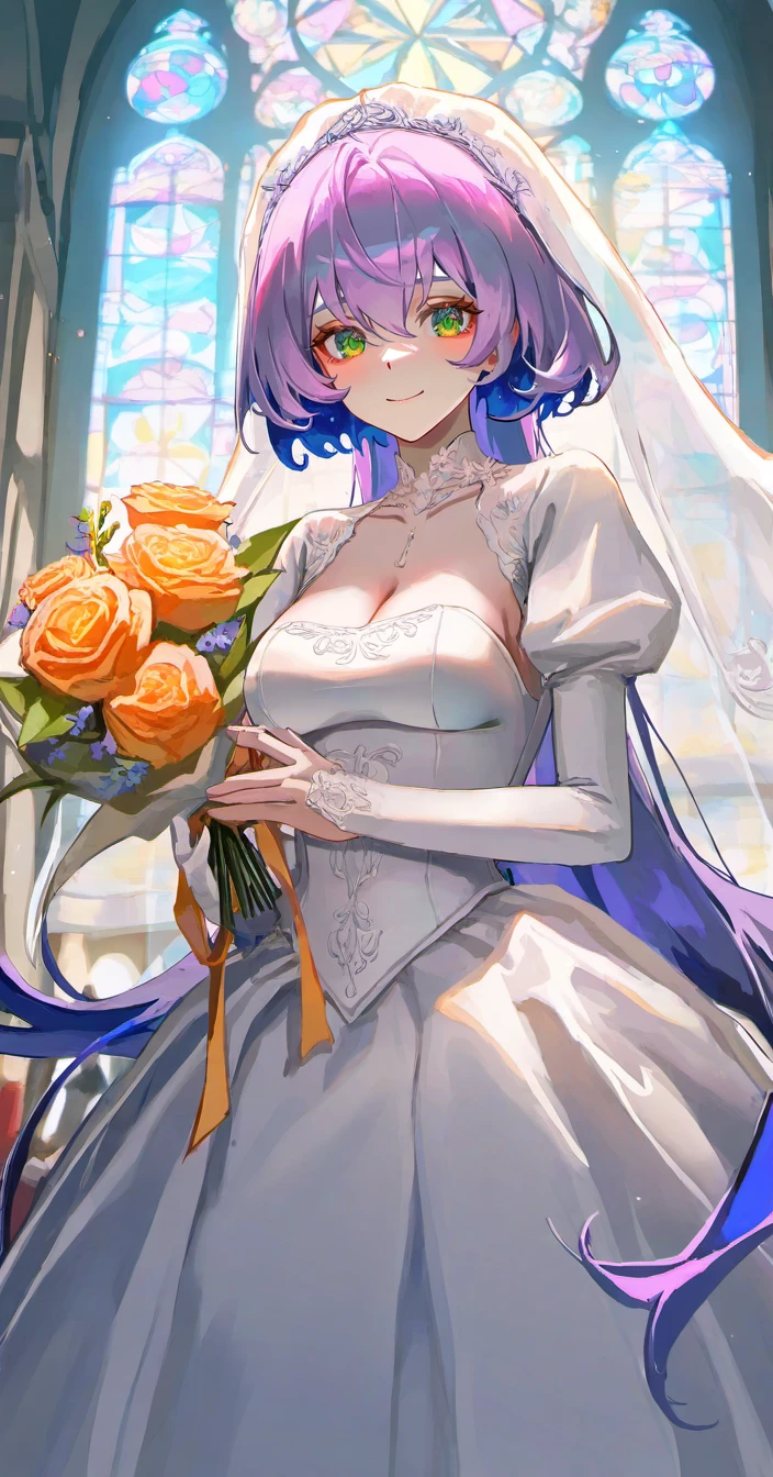 kuragecut,1girl,solo,blush,smile,((bob_cut,very long hair, long hair)),looking at viewer,purple hair,indoors,church,stained glass,((bridal veil)),holding bouquet,Flutter sleeve wedding dress,breasts, medium breasts,cowboy shot, green eyes<lora:kuragecut_v1_illustrious_xl:1>,(sanbonzakura\):1.05), (ciloranko:1.05), (akizero1510:1.05), (as109:0.9524), lam \(ramdayo\), ningen mame, puuzaki puuna, (maccha \(mochancc\):0.9524), (wlop:0.9524), (henreader:0.9524)