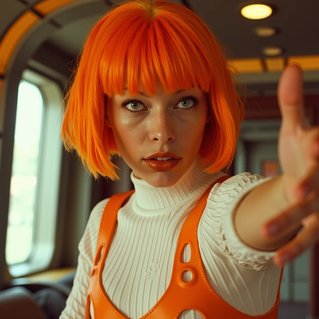 LeeLoo5, A dynamic close-up of a woman with bright orange hair in a choppy bob cut and blunt bangs. She is wearing a white, fitted top with distinctive orange suspenders featuring circular cutouts. She has a focused, intense expression, with her eyes looking sharply to the side as she extends one arm forward. The background appears to be the interior of a futuristic setting, with metallic walls and soft lighting that accentuate her features and outfit. The lighting casts a warm tone, highlighting her determined demeanor and capturing the sci-fi atmosphere.,