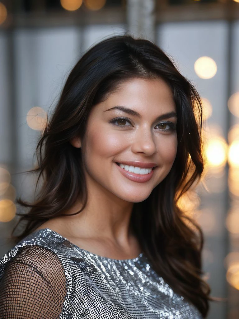 A feminine model with long, slightly wavy dark brown hair, a square shaped face, and a pronounced jaw, Jennifer Lopez portrait, ((and NSFW)), wearing a sage green layered dress , Brown hair ,in France with the Eiffel tower , portrait photo, smiling, looking to the camera , spectacular lighting, gorgeous, (deep neckline), Photoshoot, western film, (masterpiece), Best Quality, High resolution, extremely detailed background, skin with pores, , cinematic lighting completed., happy face, Beautiful smile