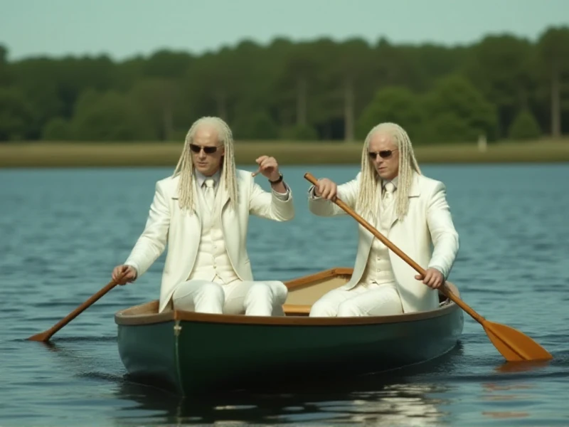 Matrix Twins are two pale men with sunglasses and white suit and are paddling in a canoe on a lake<lora:Matrix_Twins:0.9>