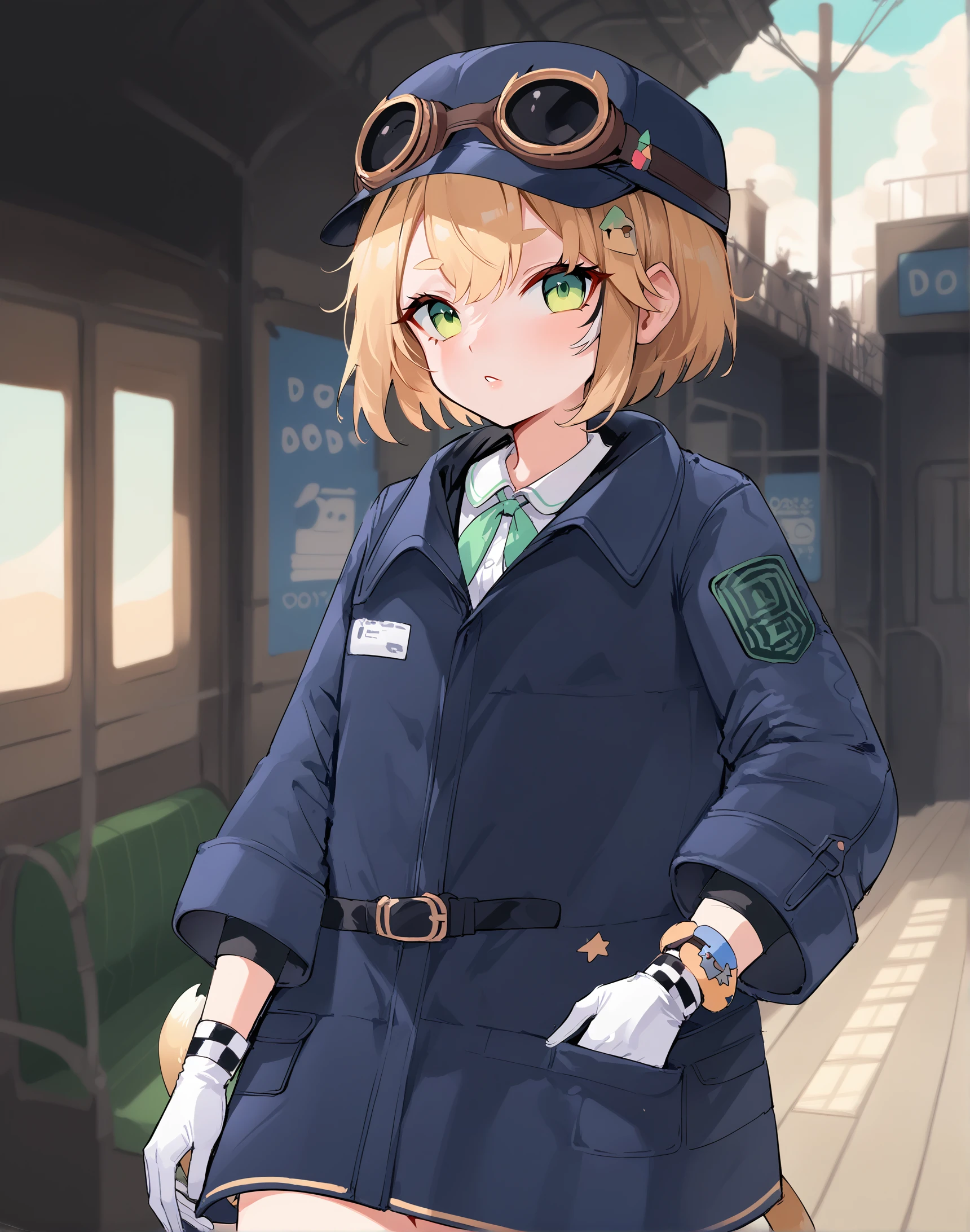 score_9, score_8_up, score_7_up, source_anime, anime, BREAK, best quality, very aesthetic, crisp image, absurdres,  hotfiy, zPDXL3,  <lora:doobyPonyXL:1>, 1girl, dooby, short hair, tail, jacket, coat, hat, goggles, green eyes, hair ornament, white gloves, cowboy shot,