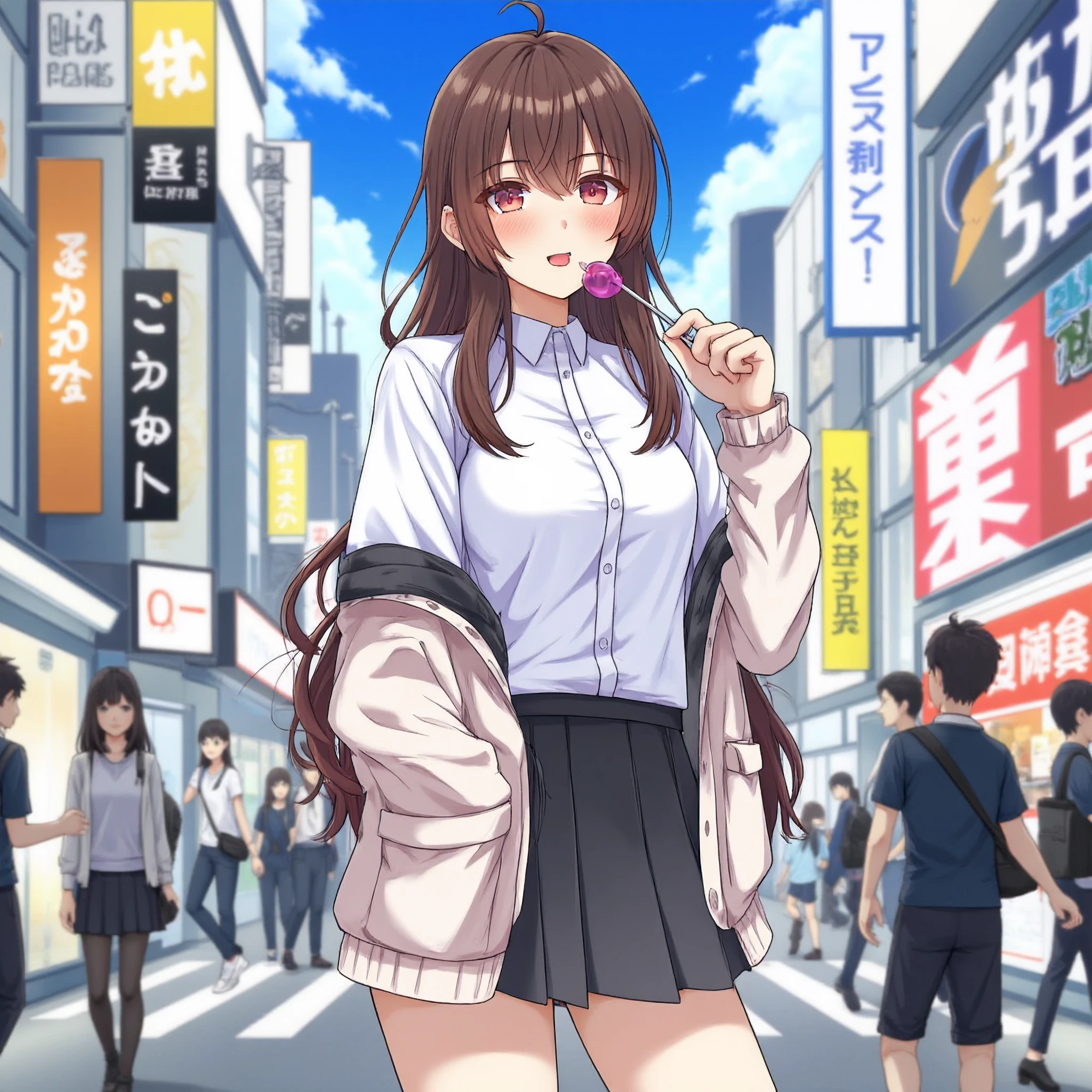 An anime-style image of a high school teenager girl, with her upper torso half-tilted toward the viewer. She holds a lollipop in her mouth, exuding a playful, slightly seductive expression smiling, looking in camera. The girl wears a short white blouse and a pleat skirt, including a short skirt and light jacket, and her hair is styled neatly. Long hair. In the background, a bustling city street is filled with pedestrians, colorful storefronts, and bright neon signs, capturing the vibrant, energetic feel of Tokyo's Shibuya Crossing.