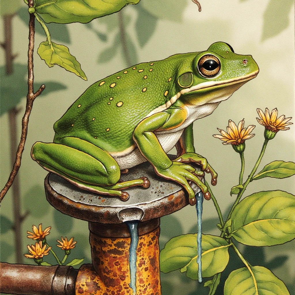 In a captivating close-up watercolor illustration, the vibrant KGR_HYLA_CINEREA_FLUX, a striking green treefrog, perches gracefully on an aged and weathered rusty spigot, its surface mottled with patches of bright orange and deep brown corrosion that tells stories of years spent outdoors. The frog's smooth, emerald-green skin glistens in the soft, dappled light filtering through the leafy overhead branches, revealing intricate patterns of delicate lighter spots that seem like nature's artwork. 
Beads of moisture cling to its rounded limbs, reflecting the surrounding environment, while its bulging golden eyes, filled with a curious glint, survey the humid air filled with the earthy scent of damp soil and overgrown foliage. The spigot, surrounded by a wild tangle of untamed vines and small wildflowers, serves as a nostalgic relic from a bygone era, the gentle drip of water pooling around its base adding a rhythmic, soothing soundtrack to the scene. 
The air is alive with soft chirps and distant rustling, as sunlight breaks through the foliage, creating a warm highlights and deep shadows that dance around the green treefrog, emphasizing its delicate balance between the spirit of nature and the remnants of human craftsmanship.
<lora:kgr-hyla-cinerea-flux-v01:1>
<lora:kate_greenaway:1> by Kate Greenaway, watercolor and ink, victorian era, watercolor painting, illustration
<lora:FLUX.1-Turbo-Alpha:1>