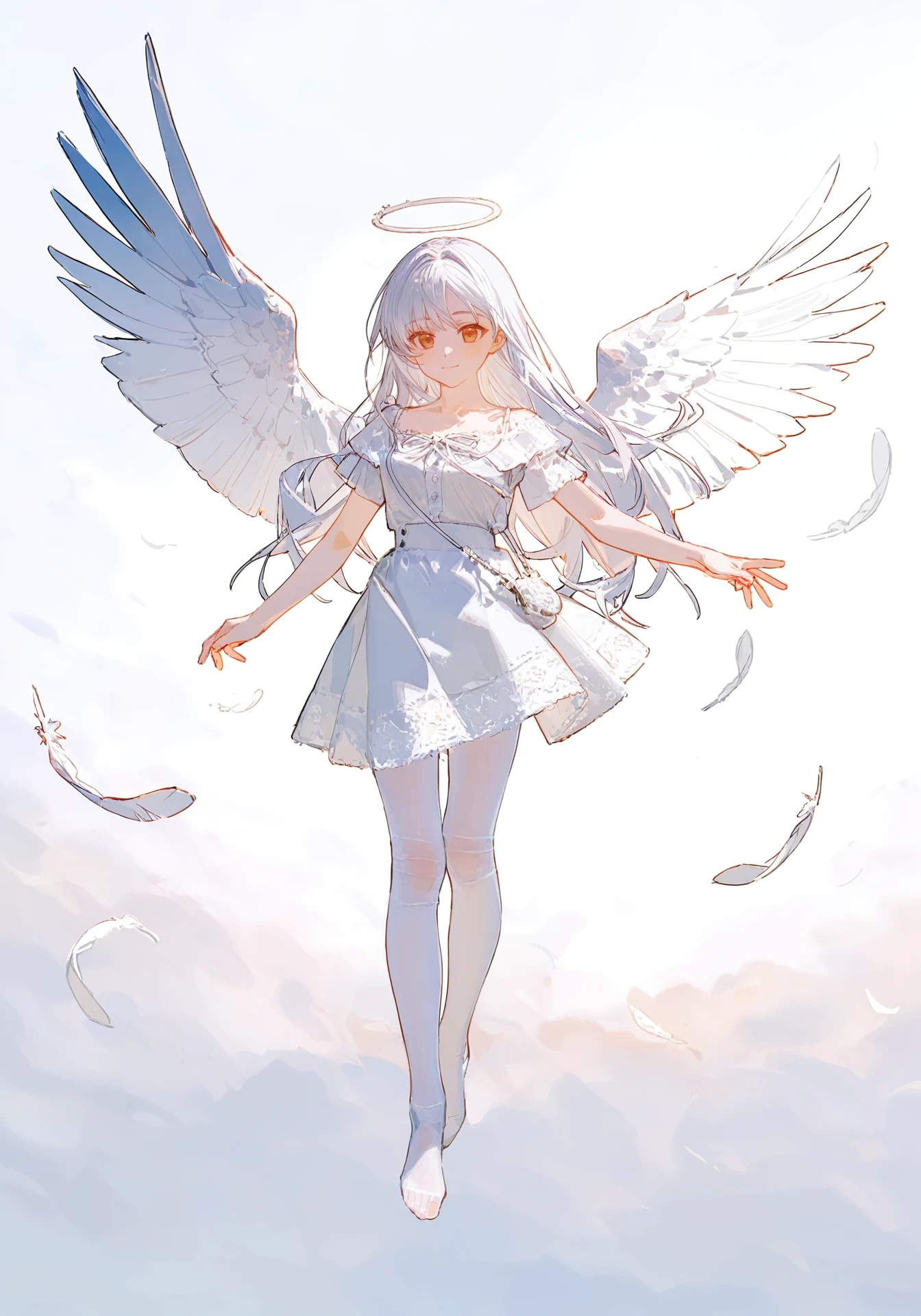 ciloranko, Jima, white theme, wings, casual clothes, feathers, sky, detailed background, white background, halo, white pantyhose, spread wings, outstretched, fine fabric detail , perfect hands
Masterpiece