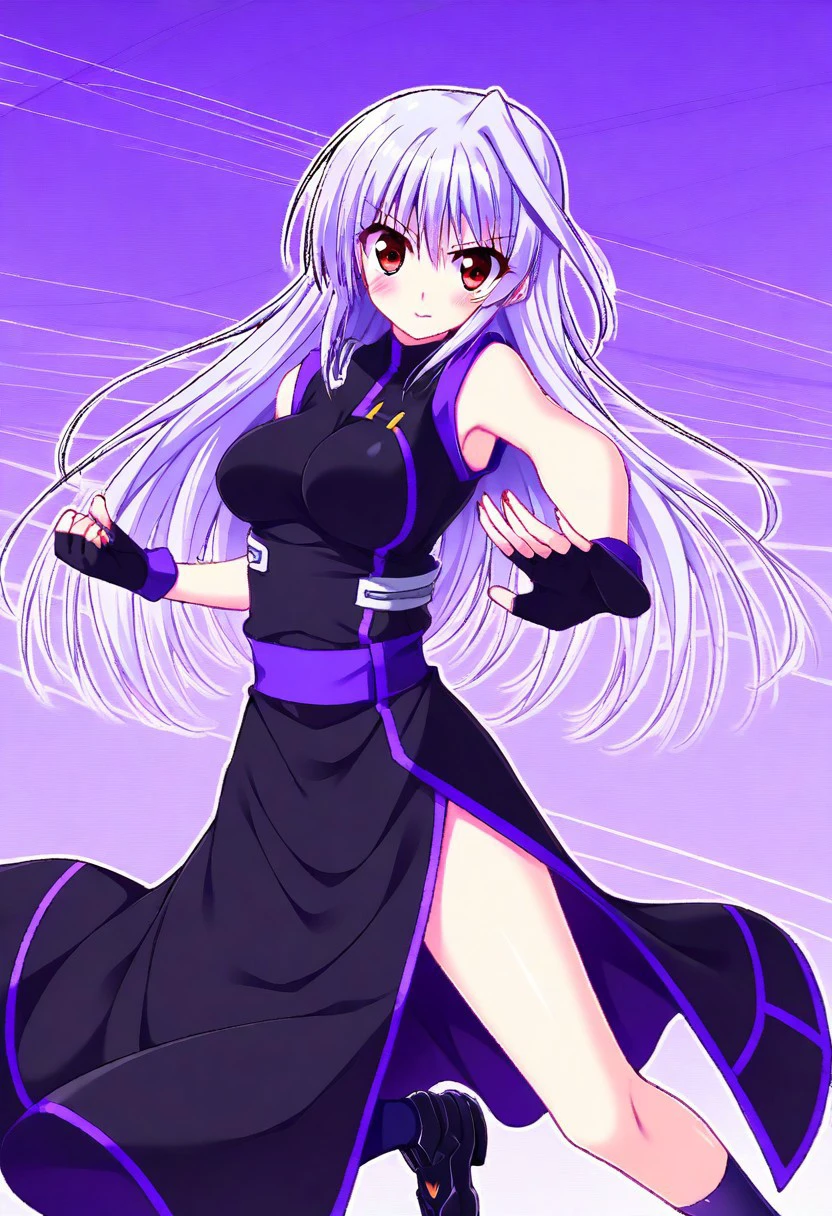 best quality, masterpiece, anime, 1girl, solo, Reinforce, long hair, white hair, single hair intake, red eye, long dress, black dress with purple trim, side slit, black gloves with purple trim, fingerless gloves, purple waistband, sleeveless dress, bare shoulders, black sock, black metal shoes, fighting stance, ((endori face))