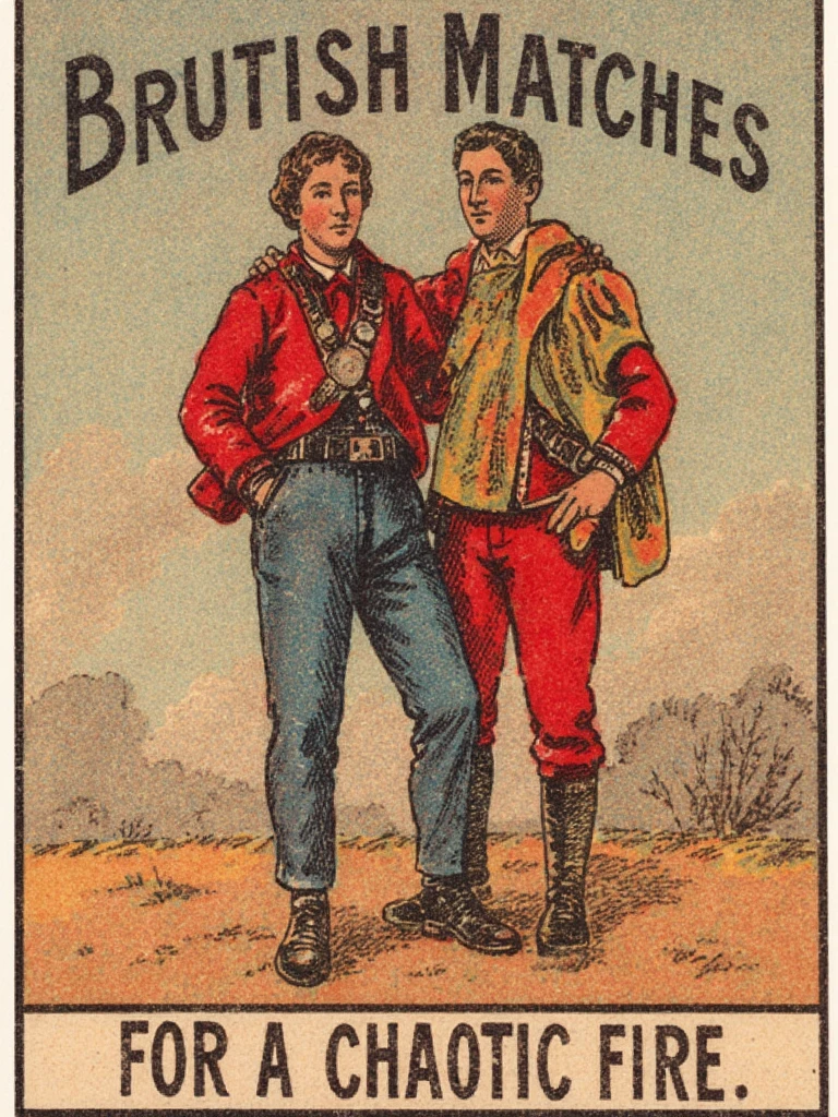 vintage matchbox artwork, depicting the Camel sky diver One hand in pocket, the other holding a jacket over the shoulder, the title say "Brutish Matches". On the bottom a text reads "For a Chaotic Fire"