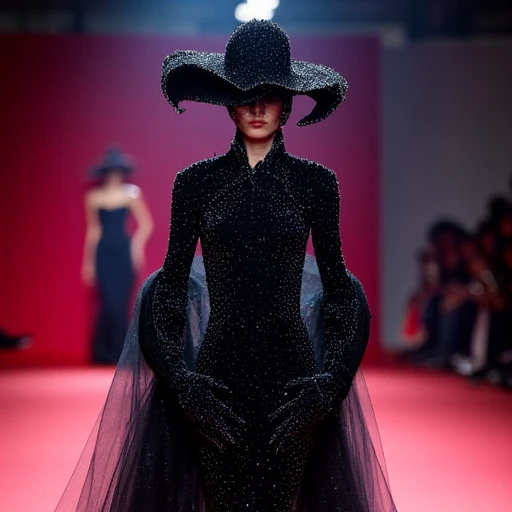 The image is a high-fashion runway photograph taken at a fashion show. The main subject is a model walking down a runway with a vibrant background. She is wearing a striking, form-fitting, black gown that appears to be covered in small, shimmering sequins or rhinestones, giving it a luxurious, glittering texture. The dress has a high neckline and long, wide sleeves with intricate, raised embellishments., haute couture, high fashion, fashion photography, paris fashion week, hat