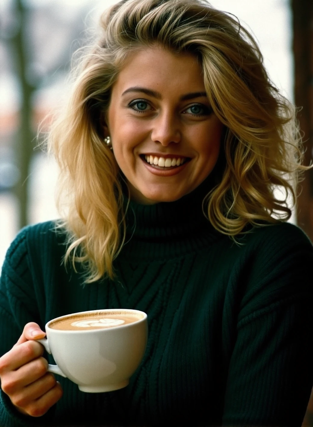 A professional photograph of a young woman, Helen_Labdon with blonde hair, wearing a dark green cable-knit sweater, holding a latte in a cafe, detailed skin, bokeh, female focus, SFW <lora:Helen_Labdon:1>