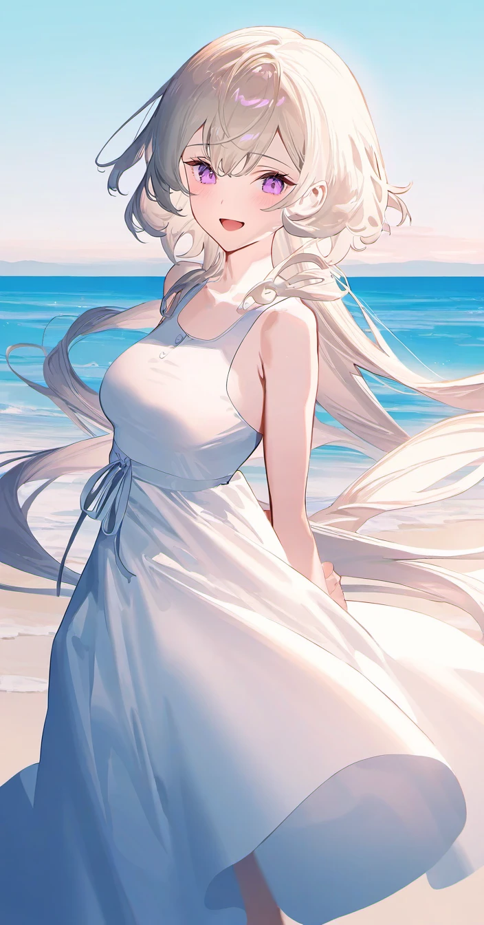 kuragecut,1girl,solo,long_hair,very long hair,outdoors,sunny,day,beach,standing,cowboy shot, blush,smile,:D,bangs,breasts,medium_breasts,white_hair,purple eyes,sundress,bare shoulders, looking at viewer,wind, floating hair, best_quality,masterpiece,modern,arms behind back, ,<lora:kuragecut_v1_illustrious_xl:1>,artist:rella,fajyobore,[[yoneyama mai]],[[ask (askzy)]],redum4,saihate (d3),miwano rag,[[[mignon]]],year 2023