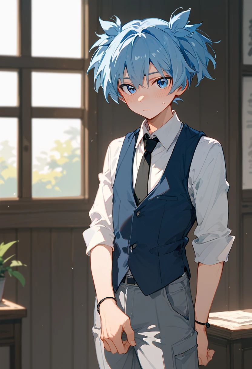 score_9, score_8_up, score_7_up, <lora:nagisa01-000014:1>, nagisa, 1 boy, blue hair, blue eyes, short twintails, hairband on wrist, white shirt, collared shirt, black tie, navy vest, grey pants, standing, looking at viewer, blush,