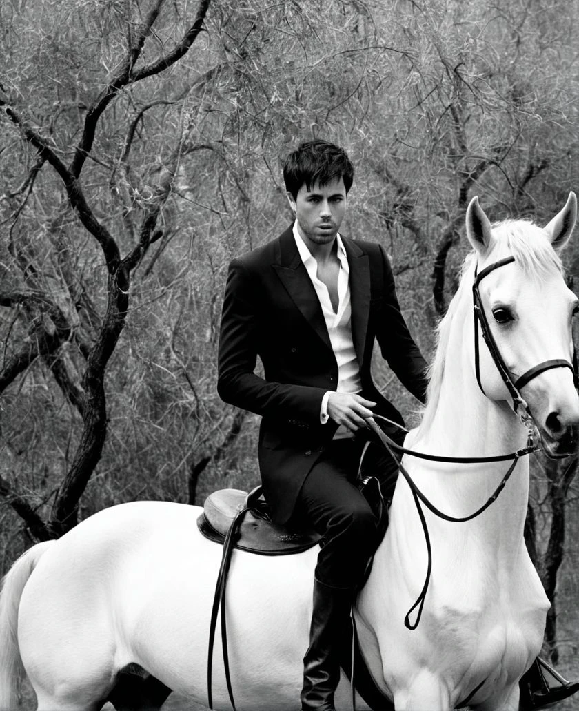 Enrique Iglesias a man <lora:Enrique-Iglesias:1>, (dark mood masterpiece Photography by Mario Giacomelli:1.2),  handsome toned, sitting on a white horse,