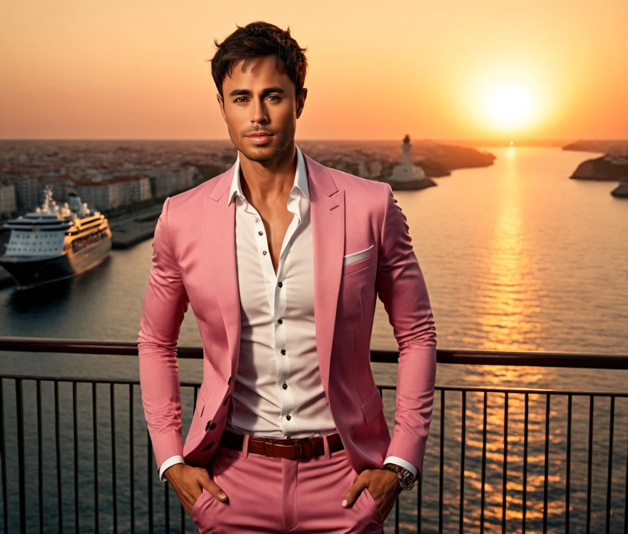 Nautical-themed (Photo:1.3) of (Ultrarealistic:1.3) <lora:Man_Men_FFashion:1> Enrique Iglesias a man <lora:Enrique-Iglesias-000001:1>, in a pink suit standing on a balcony, handsome man, attractive man, handsome male, sun behind him, inspired by Pablo Munoz Gomez, shot at golden hour, editorial photograph, midshot of a hunky, by Roman Bezpalkiv, by Artur Tarnowski, maxim sukharev, by Gabor Szikszai,Highly Detailed,(Mono Color:1.3) . Sea, ocean, ships, maritime, beach, marine life, highly detailed