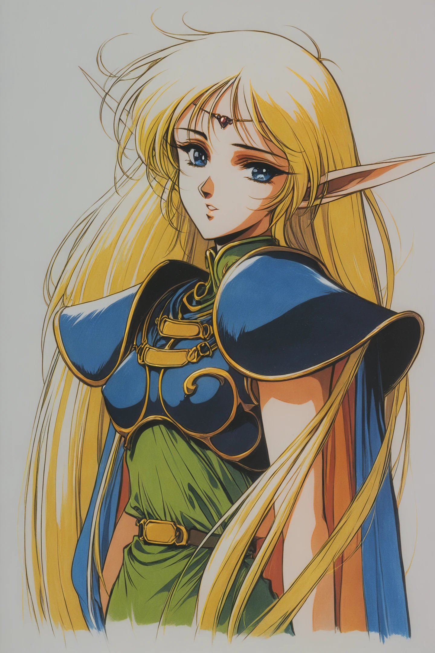 Deedlit,1girl,solo,pointy ears,long hair,blonde hair,gloves,elf,cape,blue cape,blue eyes,circlet,very long hair,shoulder armor,parted lips,looking at viewer,white background,retro artstyle,upper body,portrait,traditional media,
<lora:yuuki nobuteru_illustriousXL:0.8>,