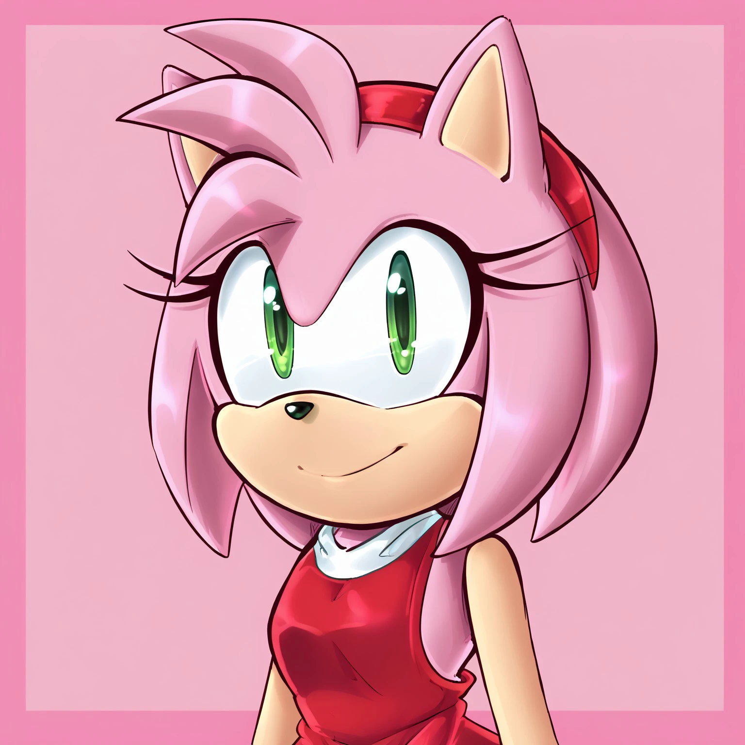 /amy rose (sonic)/, 1girl, solo, digital art, green eyes, pink fur, pink hair, animal ears, animal nose, furry, furry female, red dress, red headband, sleeveless, soft shading, closed mouth, smile, chest up view, headshot, expressive eyes, soft lighting, simple background