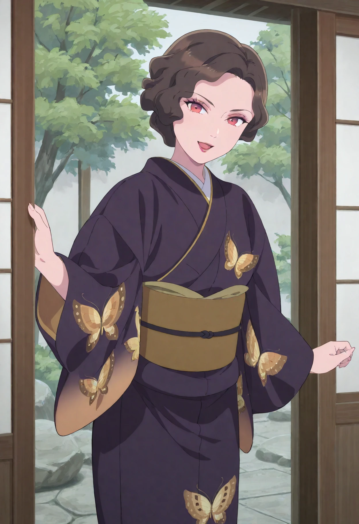 saimorikanoko, 1girl, print kimono, solo, short hair, smile, obi, brown hair,, eyeshadow, butterfly print, looking at viewer, purple kimono, red eyes, standing, wide sleeves, long sleeves, lipstick, curly hair ,mature female, cowboy shot, sliding doors, single hair bun, open mouth, tree, rock<lora:saimorikanoko_ill:1>