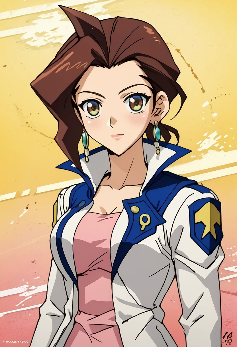 source_anime, (masterpiece), (best quality), score_9, score_8_up, score_7_up, (masterpiece:1.2), (best quality:1.3), 1girl <lora:Fonda_Fontaine_Yu-Gi-Oh:0.8> fonda_ygo, brown hair, earrings, looking at viewer, open clothes, portrait, peach background, 2000s \(style\),, masterful composition, dynamic movement, low-key lighting, lo-fi, glow, dynamic cinematic lighting, ray_tracing, global illumination <lora:Anime Style (Vauxz) PONY:0.8>