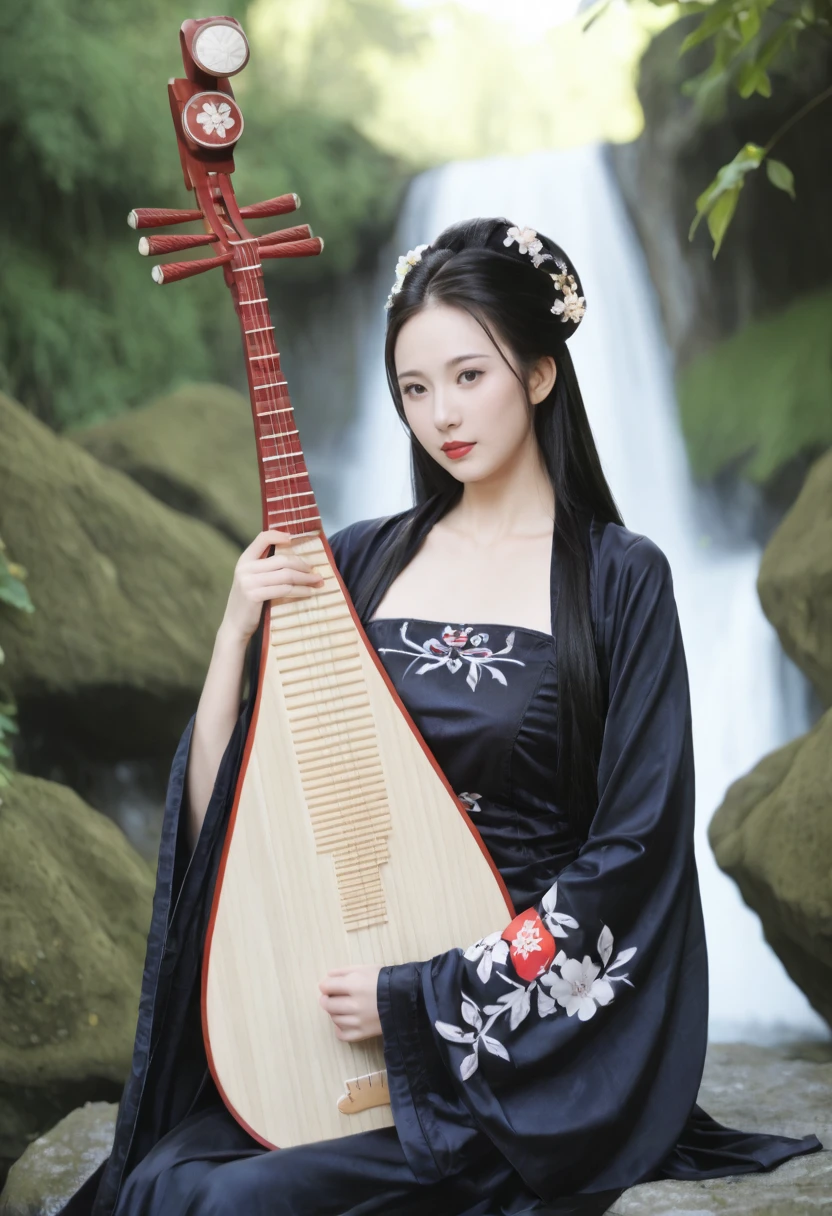a asian woman wearing (hanfu:1.2) holding pipa and playing pipa, pipa,solo, (chinese clothes:1.2),black hair, pale skin, hair ornament, hair flower, flower, sitting, looking at viewer, long hair, long sleeves, black dress,
bare shoulders, plant, lips,hands,fingers
sitting ,makeup,red lips,forest background,bamboo, outdoors, waterfalls, streams, stones,moss ,<lora:pipa-pony:1>