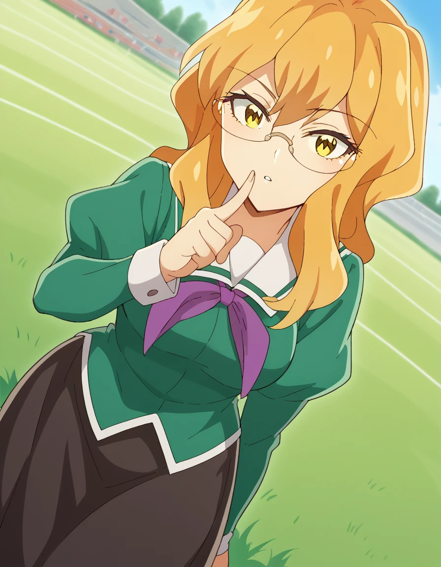 score_9, score_8_up, score_7_up, source_anime, <lora:sumika-chibana-s1-ponyxl-lora-nochekaiser:1>, sumika chibana, long hair, blonde hair, yellow eyes, glasses,, skirt, long sleeves, school uniform, puffy sleeves, serafuku, purple neckerchief, green shirt, black skirt, long skirt,, soccer field, grass, goal, players, sport, , <lora:finger-to-cheek-ponyxl-lora-nochekaiser:1>, finger to cheek, index finger raised, pointing at self, bedroom, parted lips, leaning forward, bent over, cowboy shot, dutch angle,, looking at viewer, solo,, dutch angle, cowboy shot