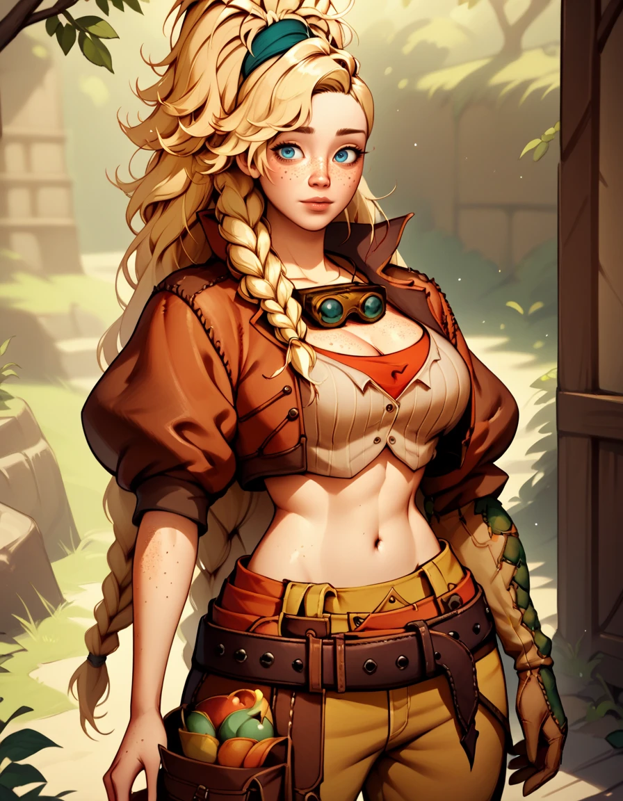 score_9, score_8_up, score_7_up,score_6_up, score_5_up, score_4_up , 1girl, solo,  
large breasts,
GemmaDG,
long hair, blonde hair, freckles, asymmetrical hair, blue eyes, 
cropped jacket, boots, belt, pants, crop top, open clothes, single glove,
 <lora:Gemma DG PXL v001-000003:1>