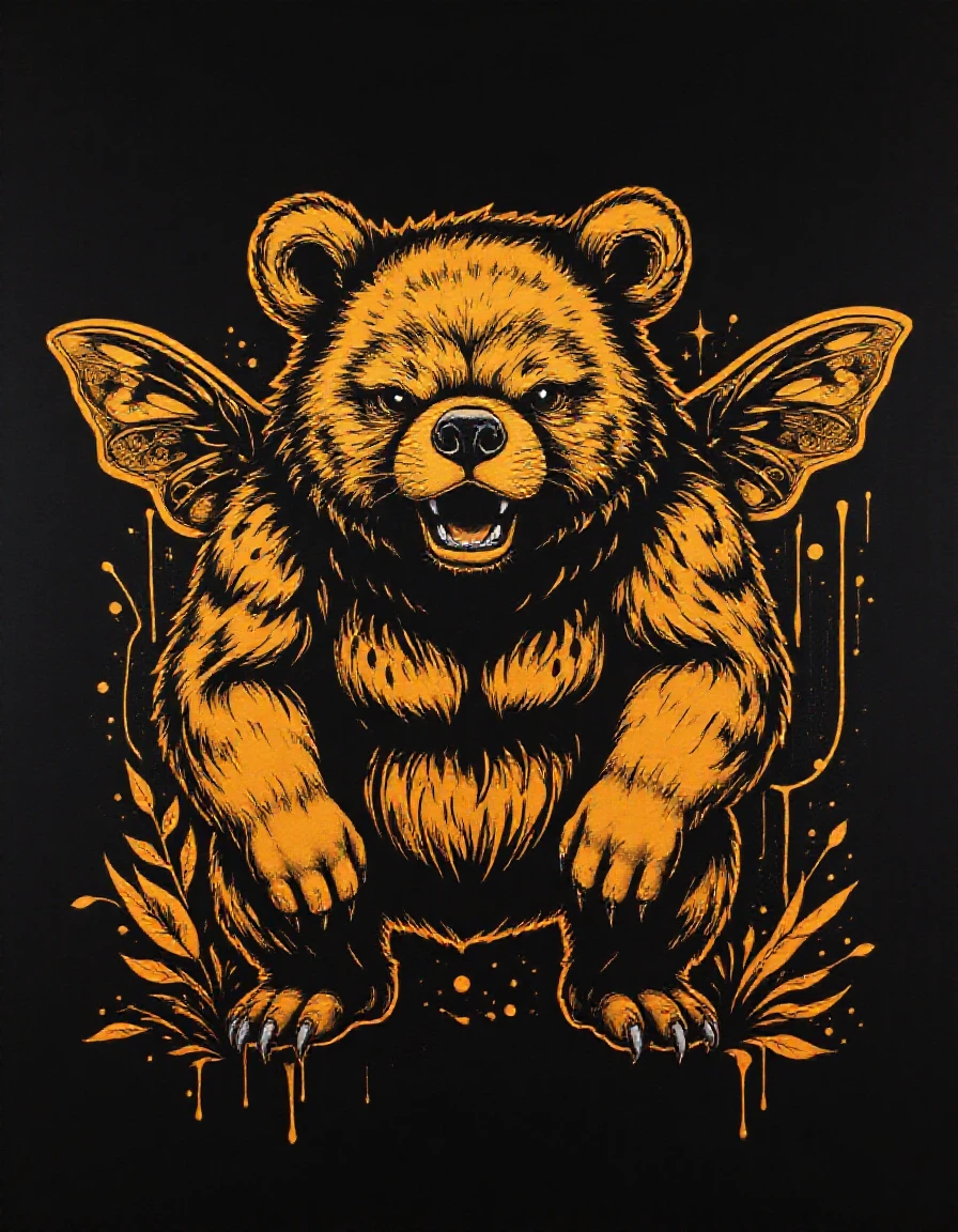 a Bugbear , Gold theme, Sienna outline, black background, graffiti, 2d, flat color, <lora:Blacklight Graffiti Style Flux_epoch_25:1>
